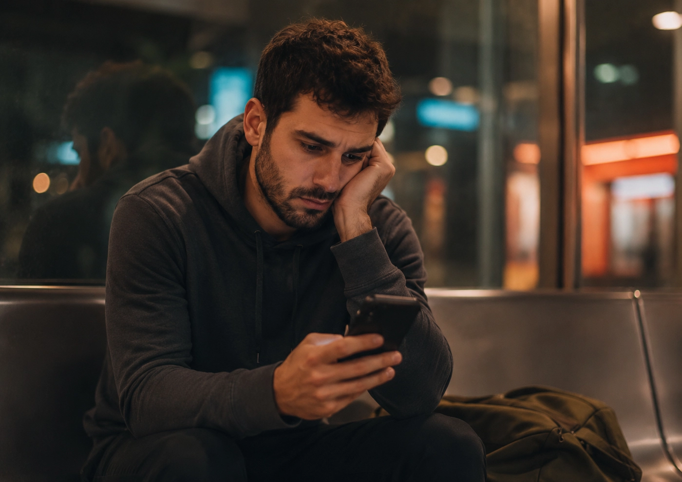 Hombre mirando el móvil en un momento de espera y desconexión emocional